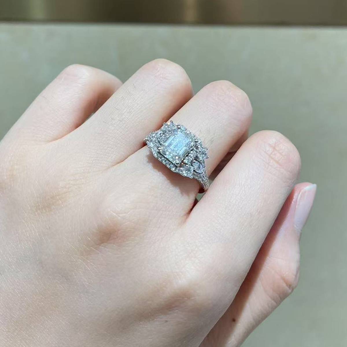 Emerald Cut Women's Ring S925 Silver Plated Platinum Customized Selection Main Stone Moissanite Diamond 2.0ct/Secondary Stone High Carbon Diamond